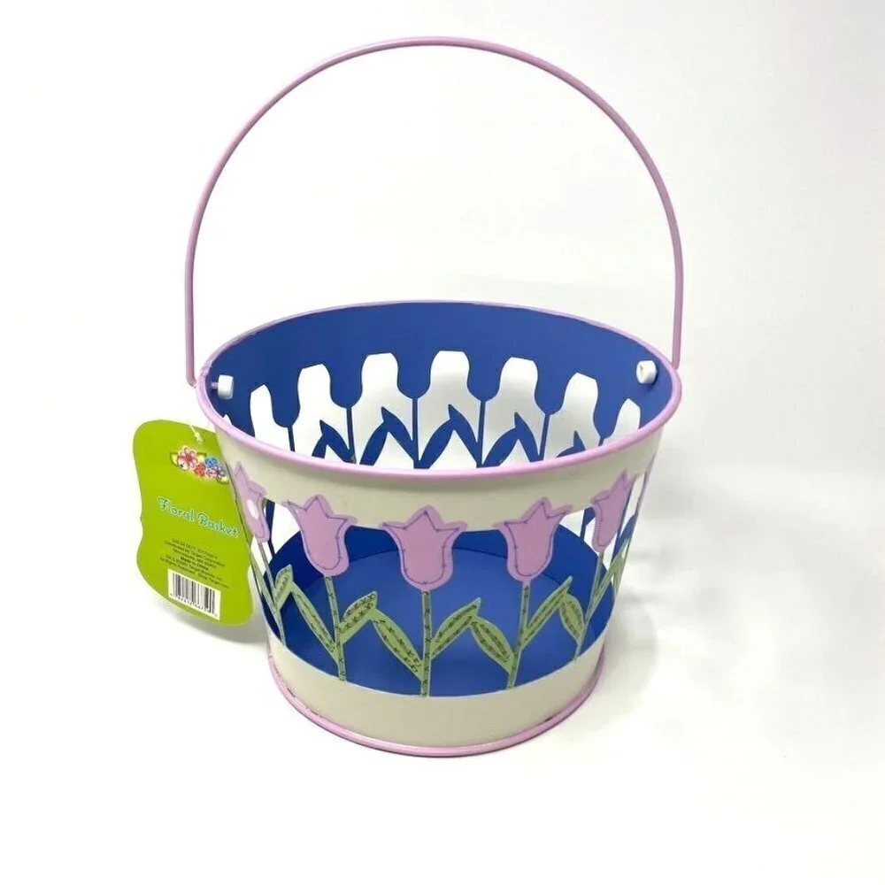 Target Metal Easter Basket Pail Purple Tulips Flowers